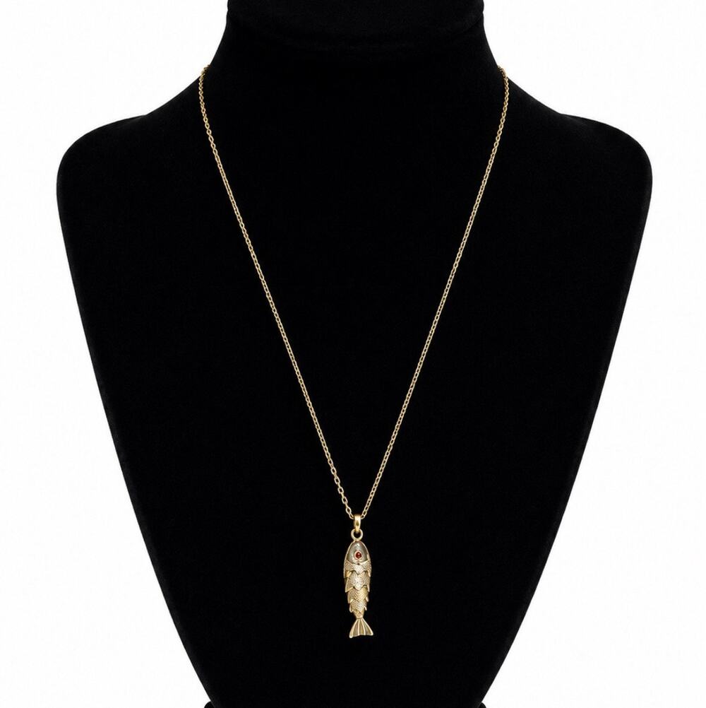 Gold Plated Metal Swinging Fish Pendant Necklace, Cable Chain, Animal Theme